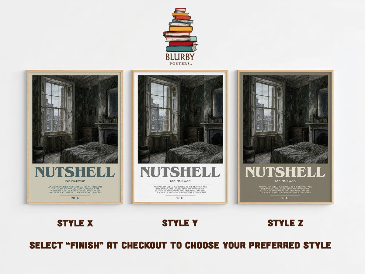 Nutshell bookish print in frame leaning in hallway – literary fiction wall art (mockup)