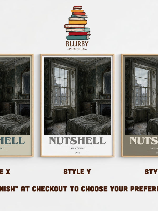 Nutshell book cover print in frame leaning in hallway – literary fiction wall art