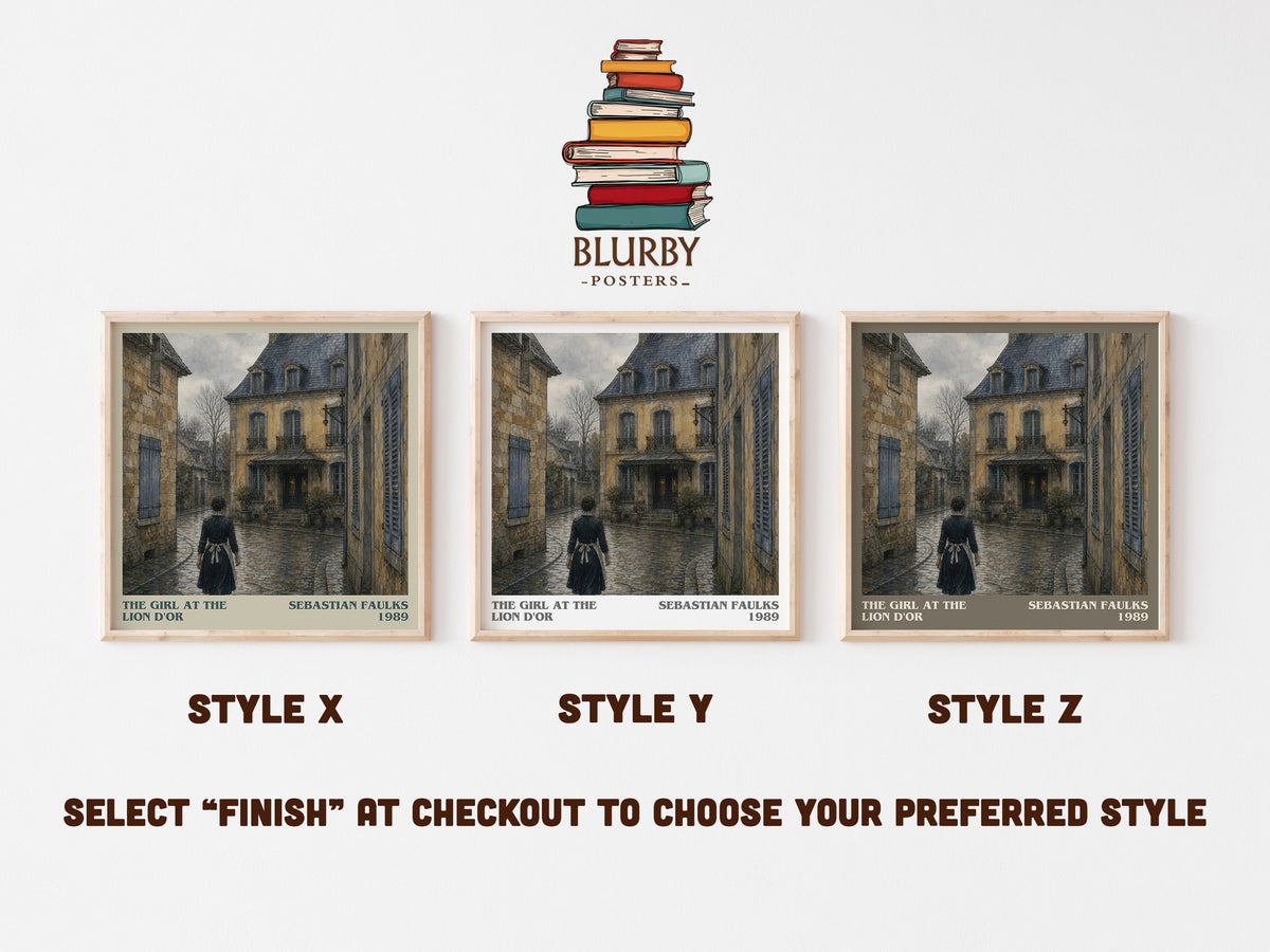 The Girl at the Lion d'Or literary print in frame leaning in hallway – historical fiction wall art (mockup)