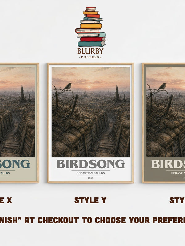 Birdsong book cover print in frame leaning in hallway – historical fiction wall art
