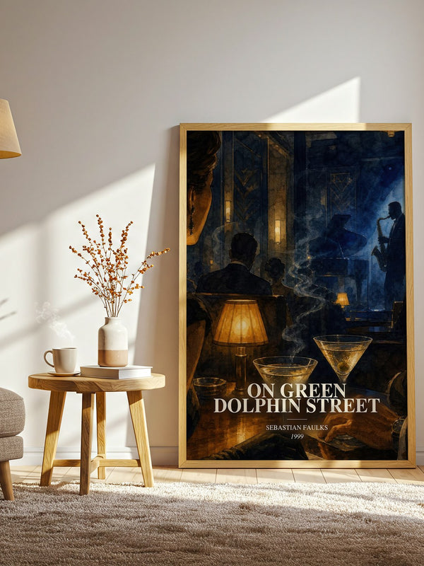 On Green Dolphin Street watercolour print in frame leaning in hallway – literary fiction wall art