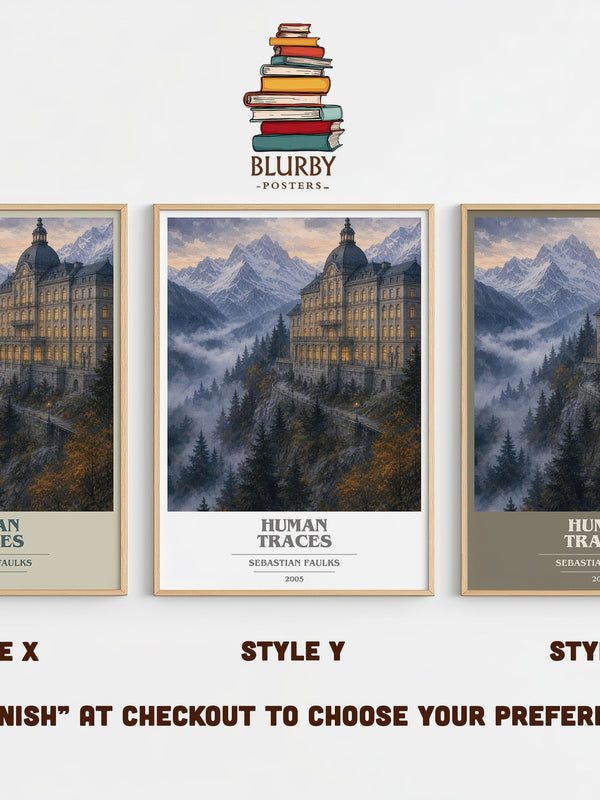 Human Traces book cover print in frame leaning in hallway – historical fiction wall art