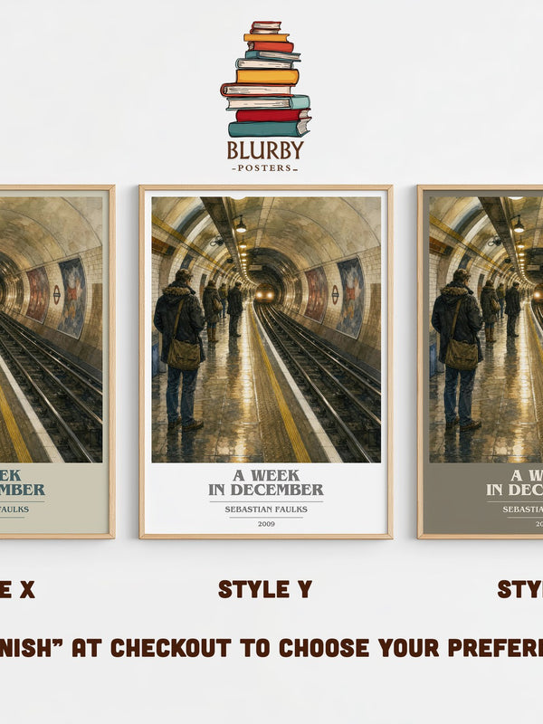A Week in December book cover print in frame leaning in hallway – contemporary fiction wall art
