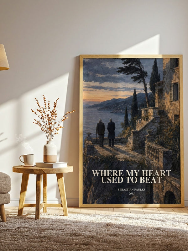 Where My Heart Used to Beat watercolour print in frame leaning in hallway – historical fiction wall art