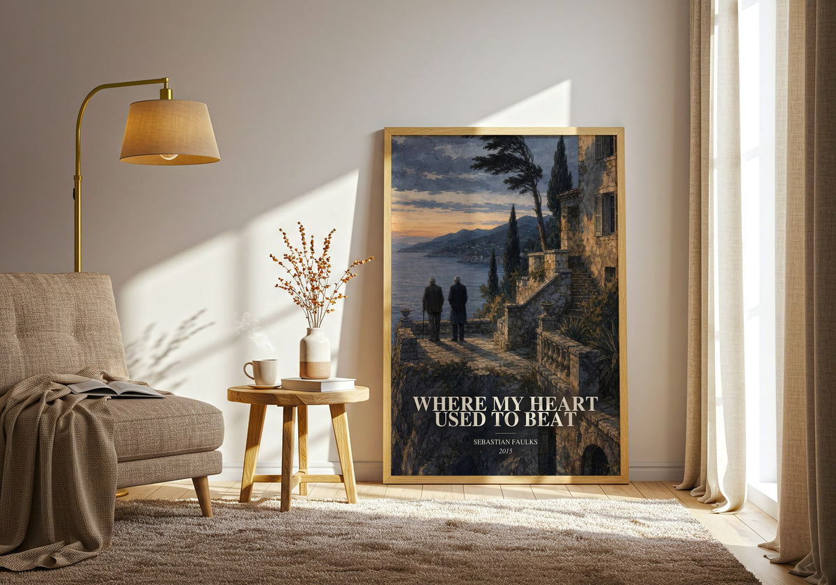 Where My Heart Used to Beat watercolour print in frame leaning in hallway – historical fiction wall art (mockup)