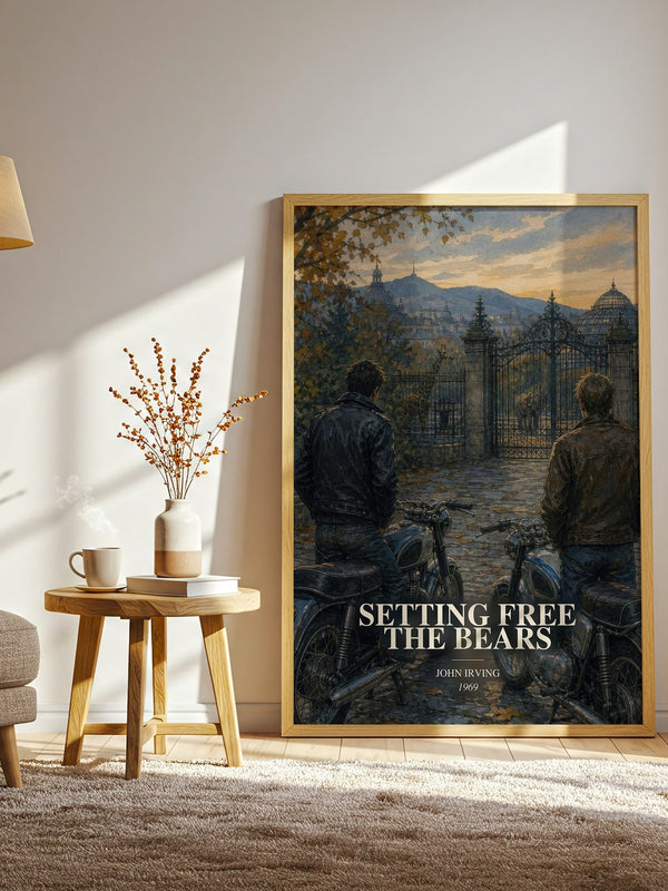 Setting Free the Bears watercolour print in frame leaning in hallway – literary fiction wall art