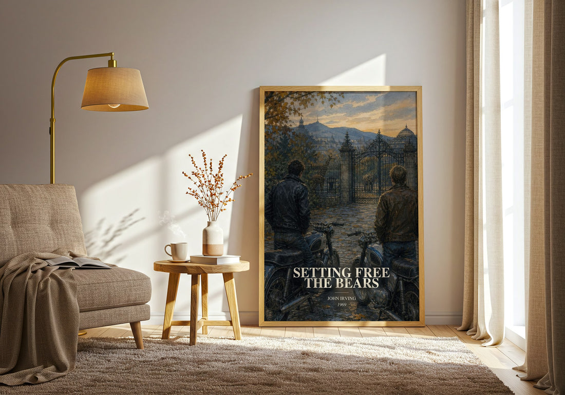 Setting Free the Bears watercolour print in frame leaning in hallway – literary fiction wall art (mockup)