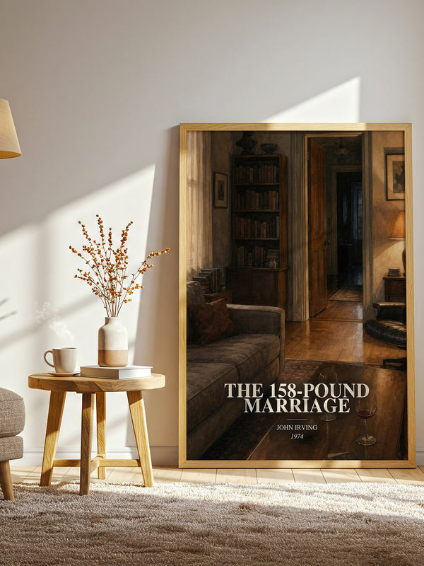 The 158-Pound Marriage watercolour print in frame leaning in hallway – literary fiction wall art