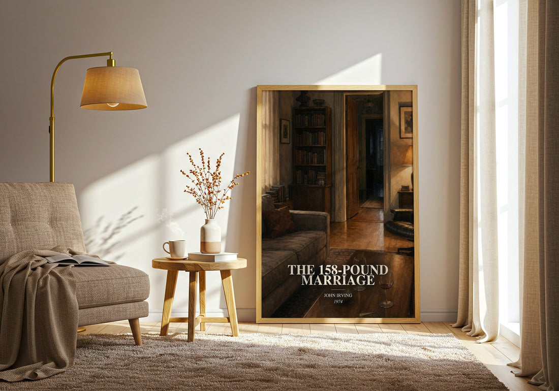 The 158-Pound Marriage watercolour print in frame leaning in hallway – literary fiction wall art (mockup)