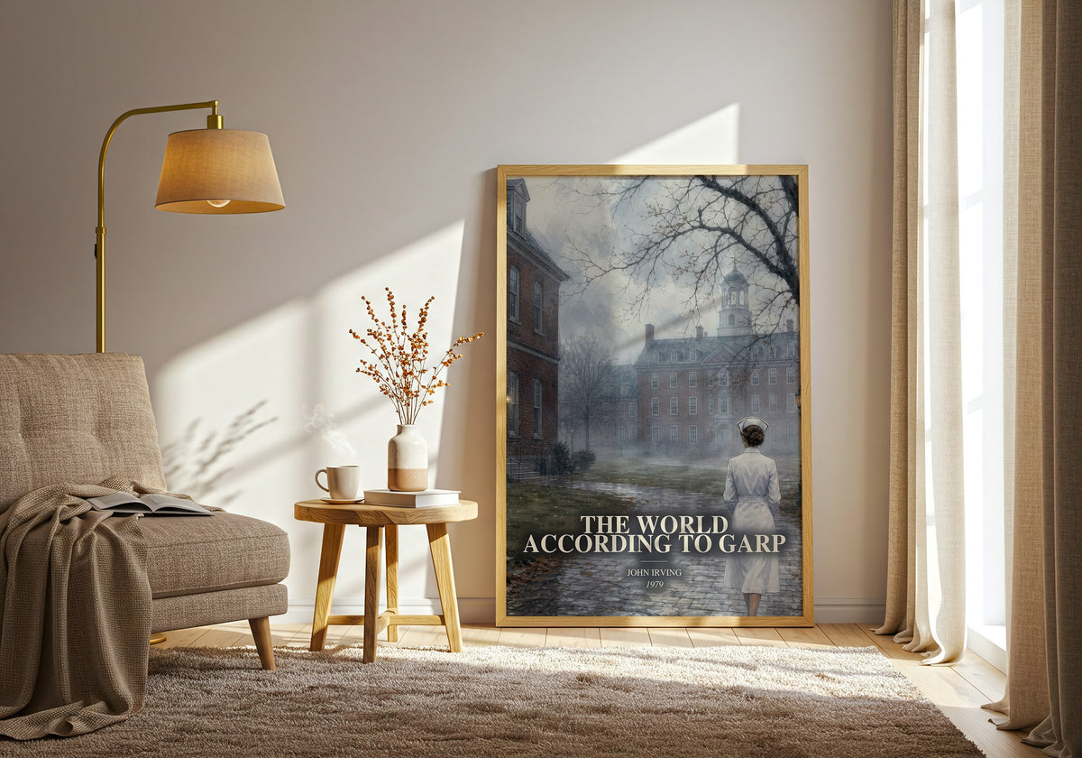 The World According to Garp watercolour print in frame leaning in hallway – literary fiction wall art (mockup)