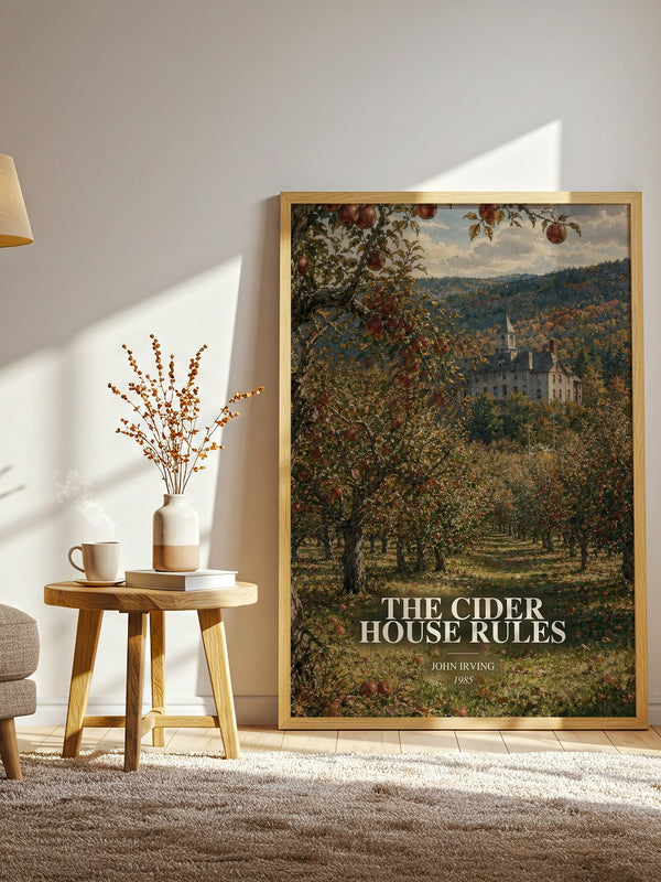 The Cider House Rules watercolour print in frame leaning in hallway – literary fiction wall art