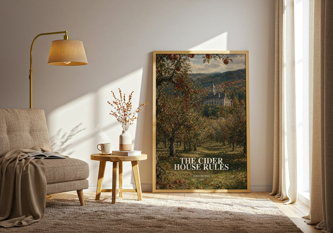 The Cider House Rules watercolour print in frame leaning in hallway – literary fiction wall art (mockup)