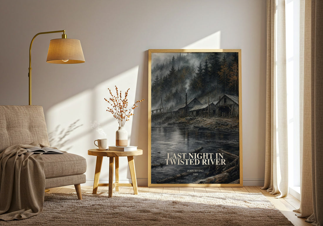 Last Night in Twisted River watercolour print in frame leaning in hallway – literary fiction wall art (mockup)