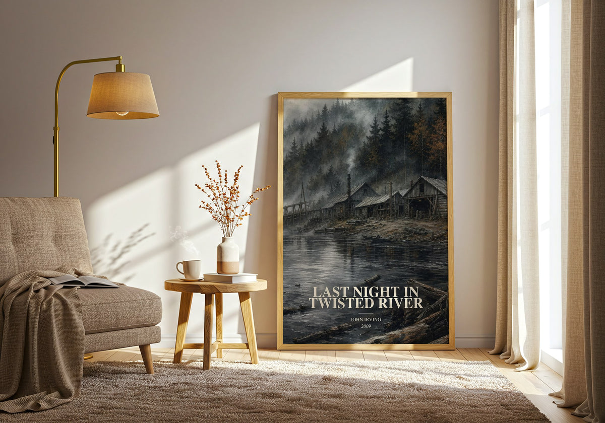 Last Night in Twisted River watercolour print in frame leaning in hallway – literary fiction wall art (mockup)
