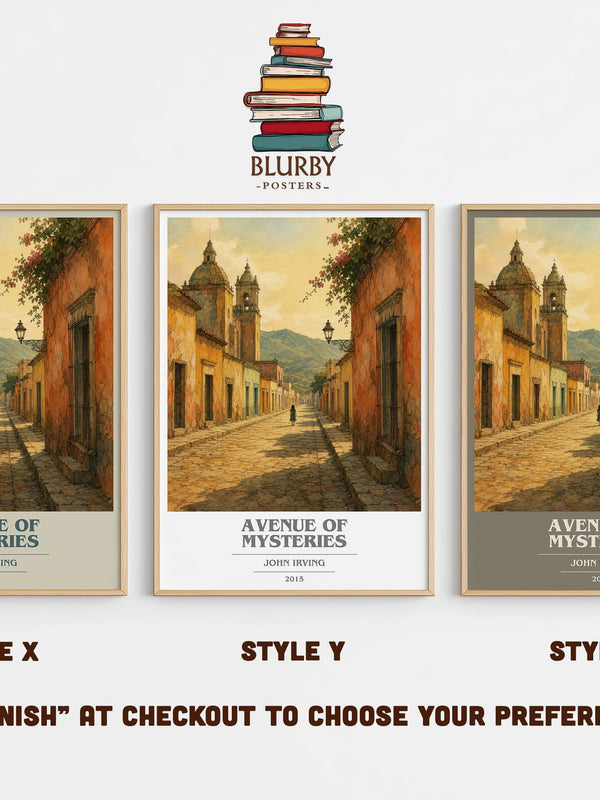 Avenue of Mysteries book cover print in frame leaning in hallway – literary fiction wall art
