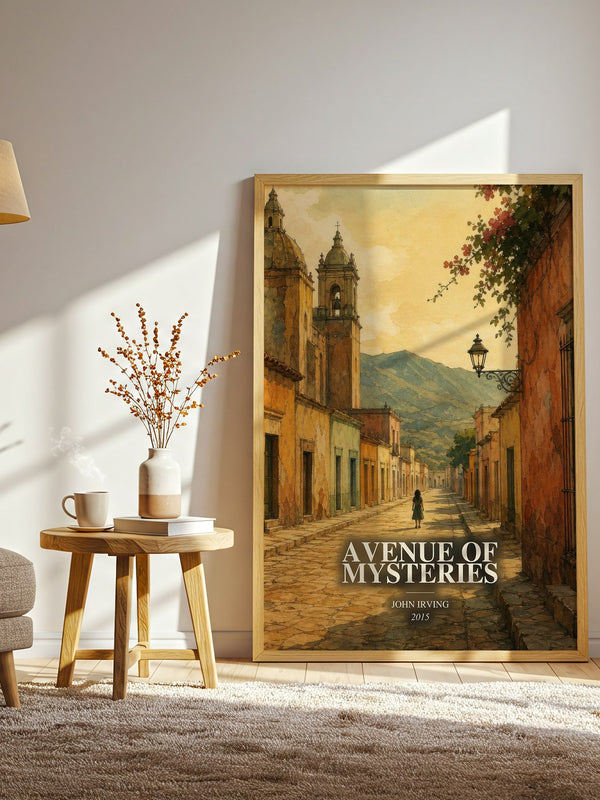 Avenue of Mysteries watercolour print in frame leaning in hallway – literary fiction wall art