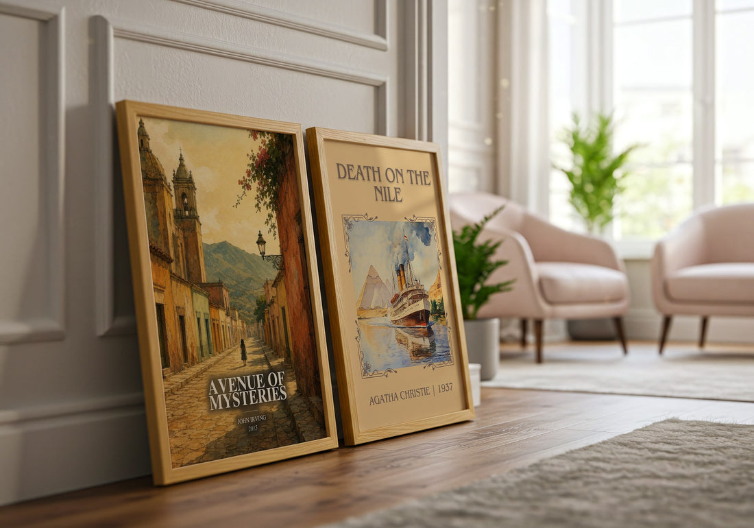 Avenue of Mysteries watercolour print framed by window – literary home decor