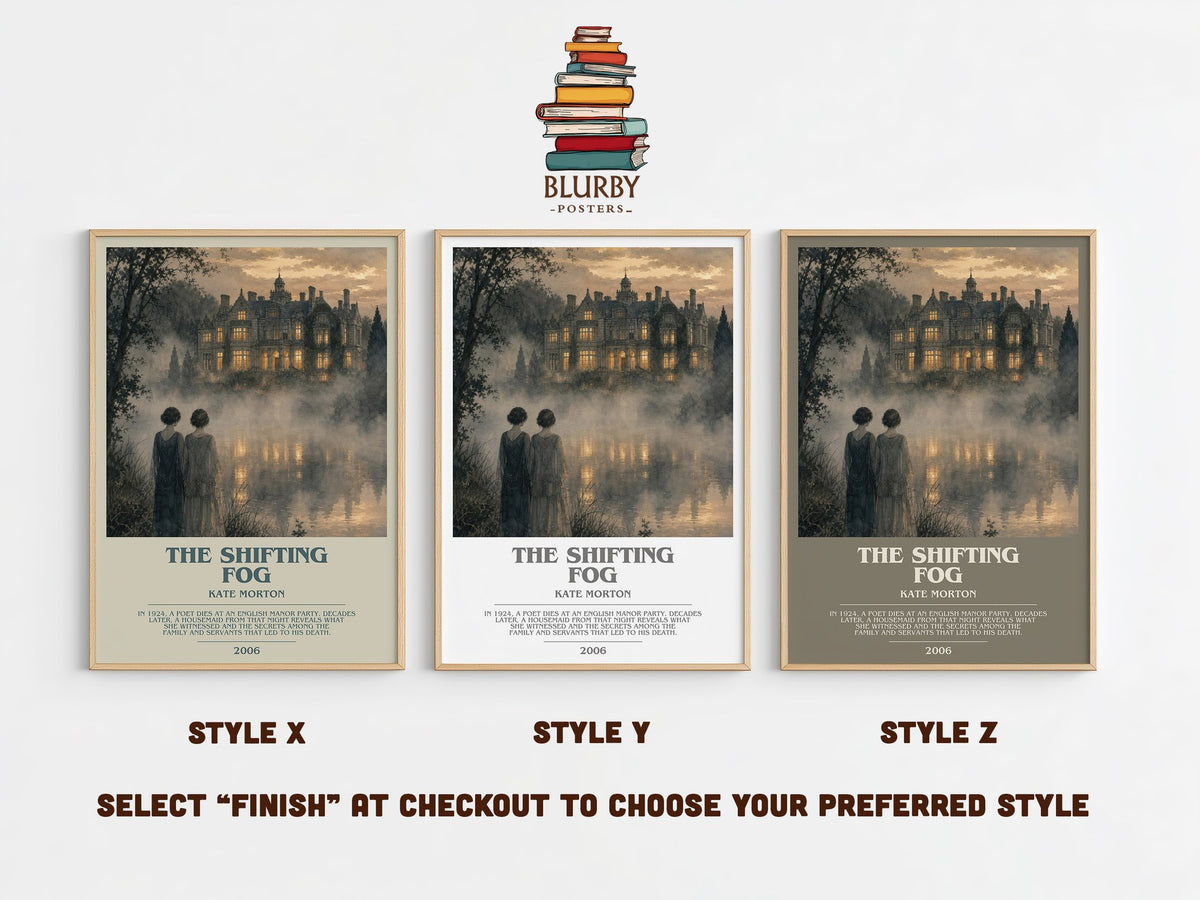 The Shifting Fog bookish print in frame leaning in hallway – mystery wall art (mockup)