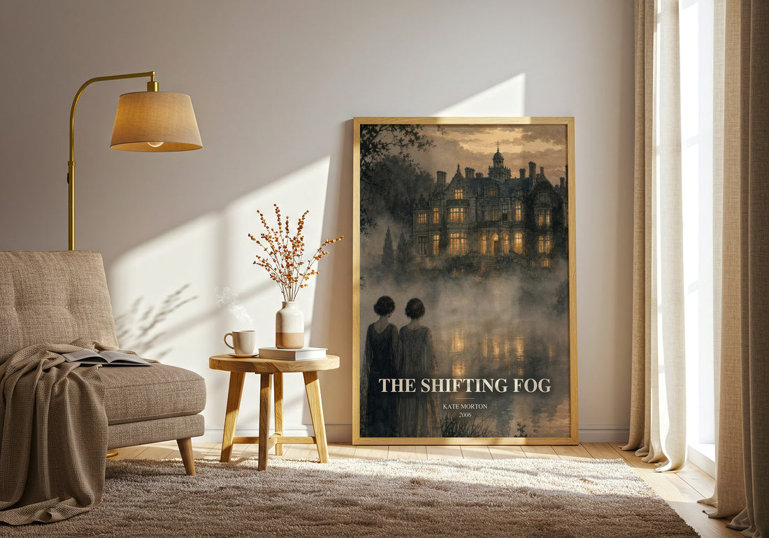 The Shifting Fog watercolour print in frame leaning in hallway – mystery wall art (mockup)