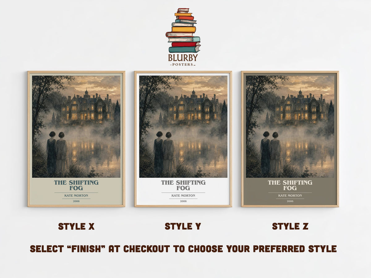 The Shifting Fog book cover print in frame leaning in hallway – mystery wall art (mockup)