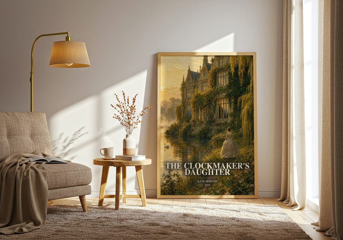 The Clockmaker's Daughter watercolour print in frame leaning in hallway – mystery wall art (mockup)