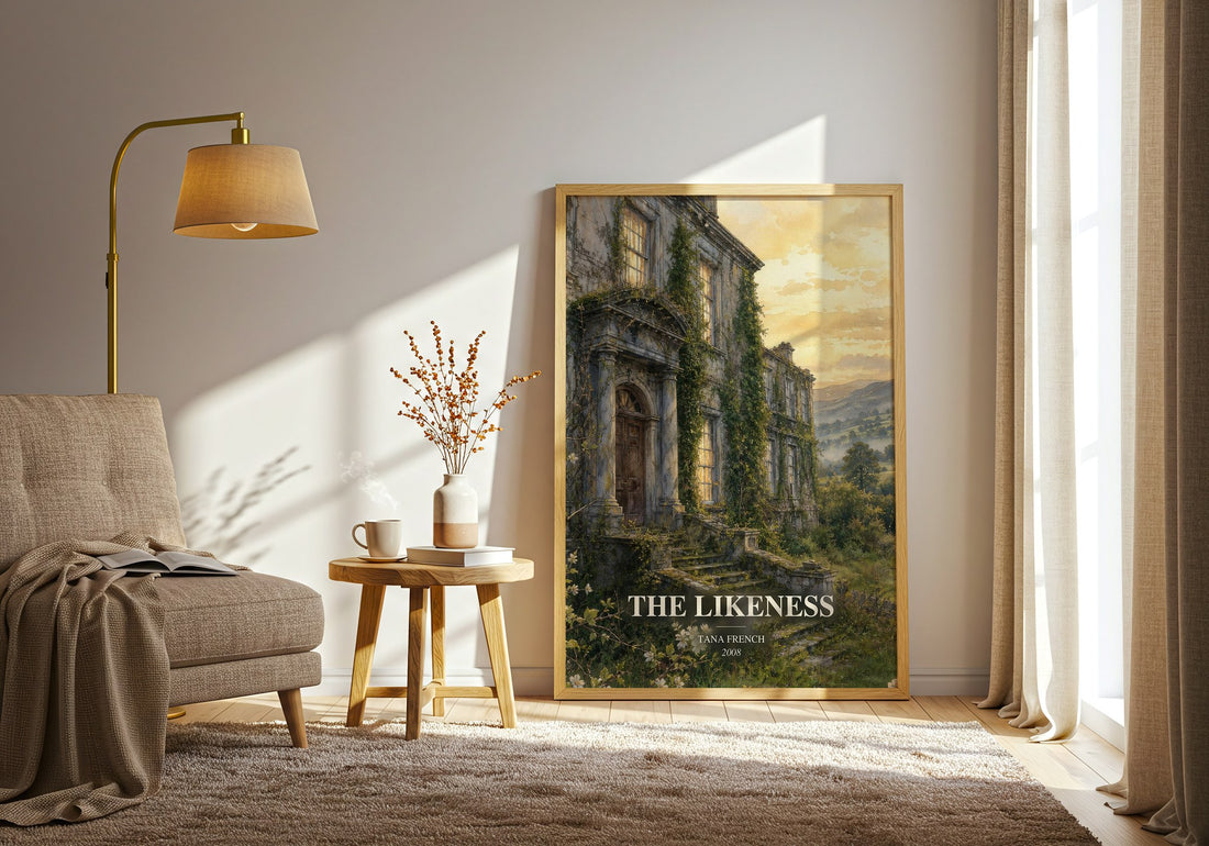 The Likeness watercolour print in frame leaning in hallway – mystery wall art (mockup)