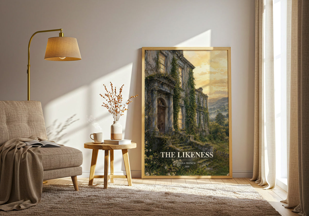 The Likeness watercolour print in frame leaning in hallway – mystery wall art (mockup)