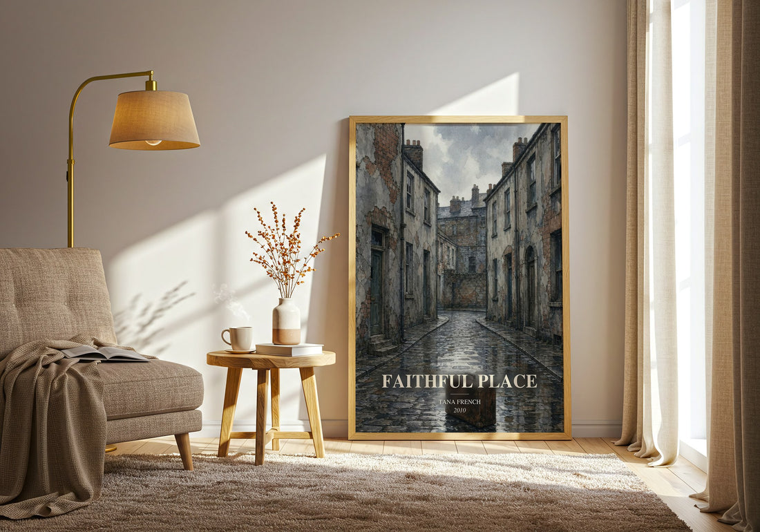 Faithful Place watercolour print in frame leaning in hallway – crime wall art (mockup)