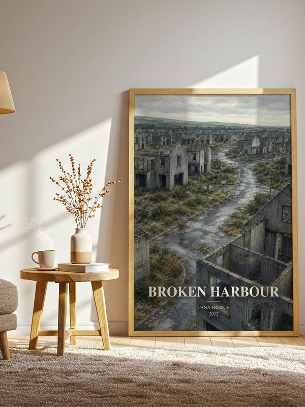Broken Harbour watercolour print in frame leaning in hallway – crime wall art