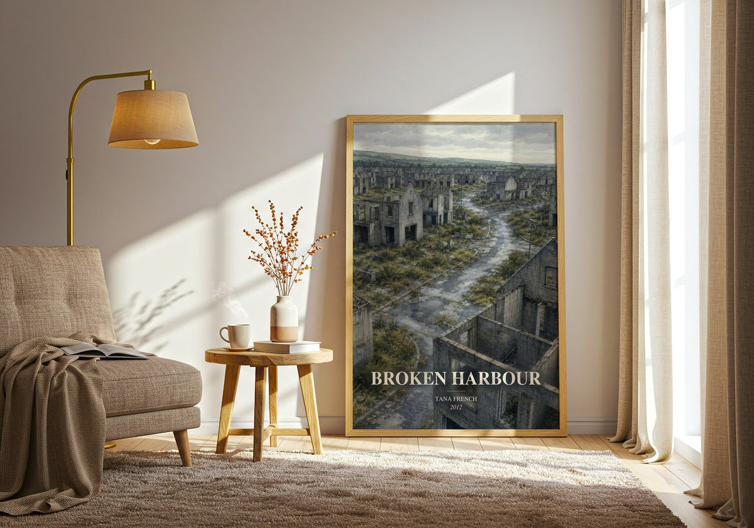 Broken Harbour watercolour print in frame leaning in hallway – crime wall art (mockup)