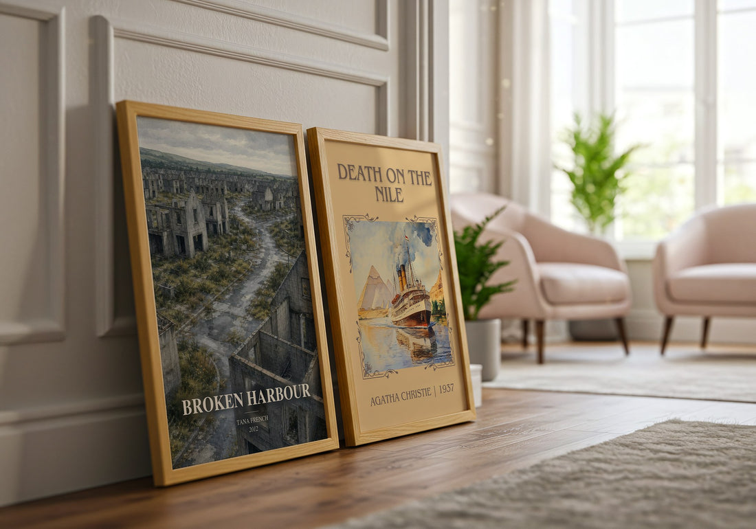 Broken Harbour watercolour print framed by window – literary home decor