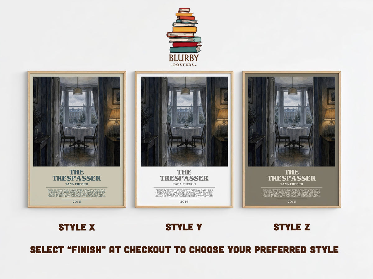 The Trespasser bookish print in frame leaning in hallway – crime wall art (mockup)