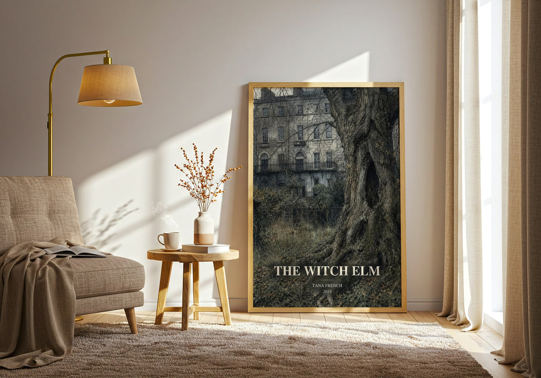 The Witch Elm watercolour print in frame leaning in hallway – thriller wall art (mockup)