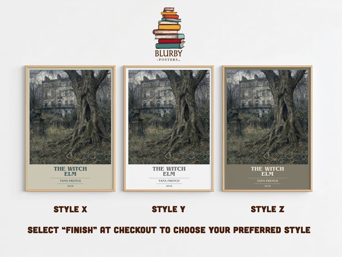 The Witch Elm book cover print in frame leaning in hallway – thriller wall art (mockup)