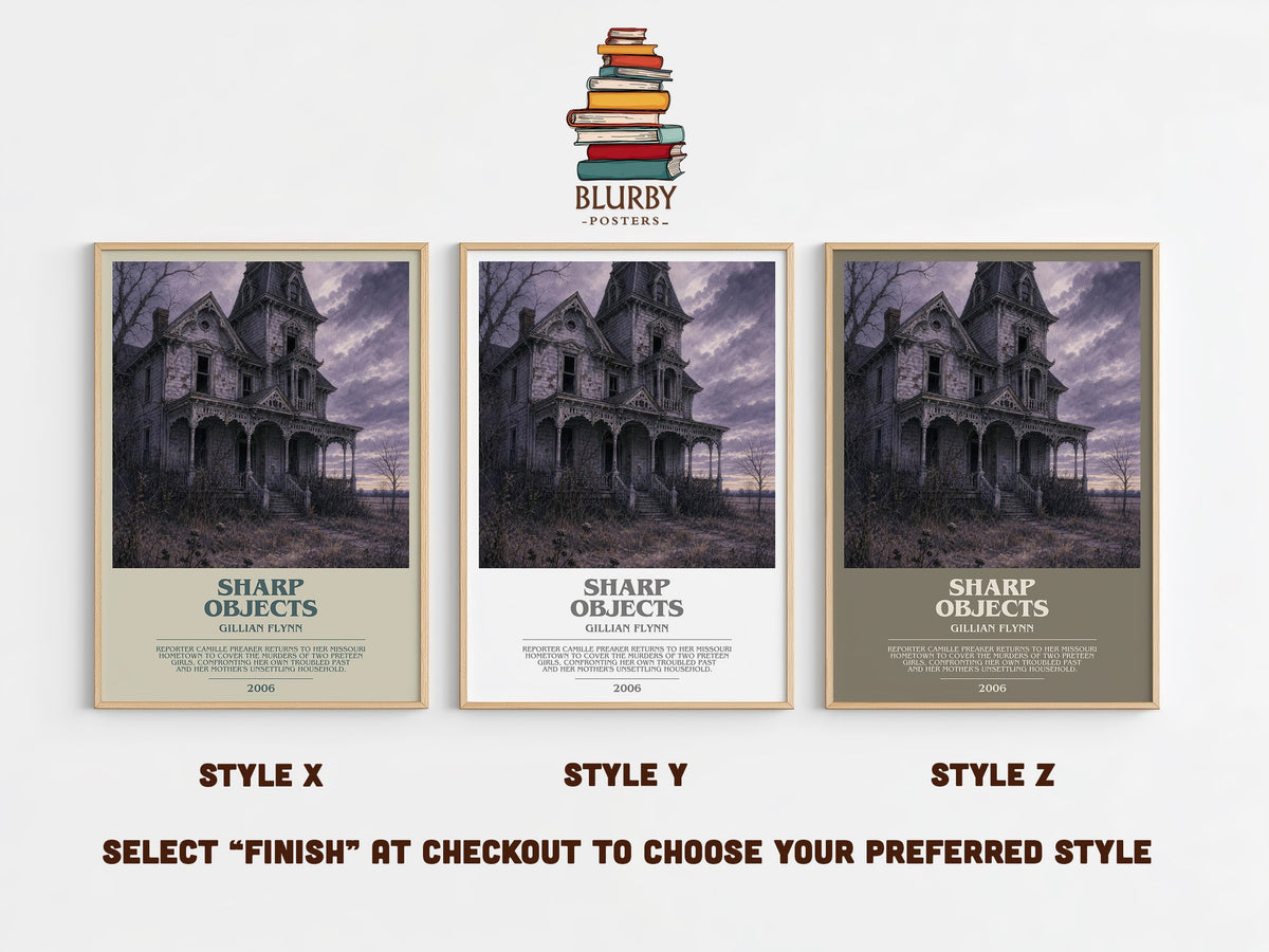 Sharp Objects bookish print in frame leaning in hallway – thriller wall art (mockup)