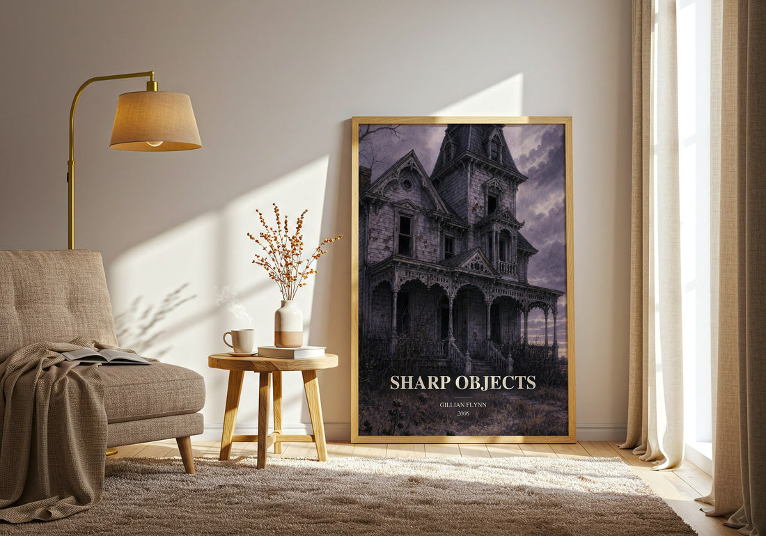 Sharp Objects watercolour print in frame leaning in hallway – thriller wall art (mockup)