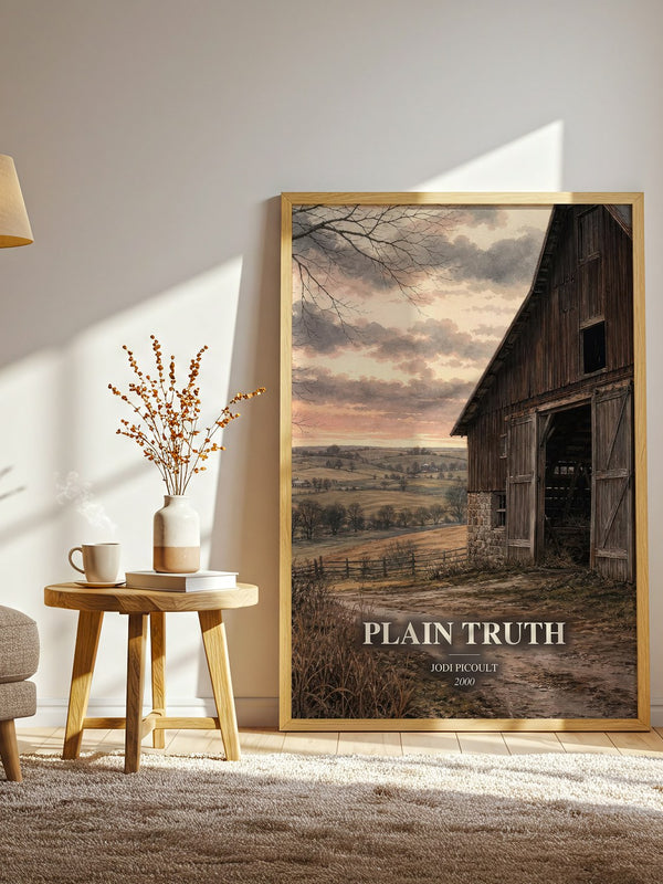Plain Truth watercolour print in frame leaning in hallway – legal thriller wall art
