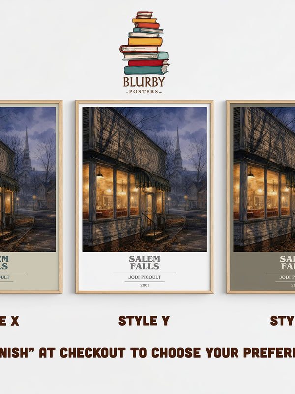 Salem Falls book cover print in frame leaning in hallway – legal thriller wall art