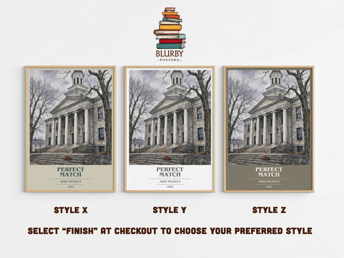 Perfect Match book cover print in frame leaning in hallway – legal thriller wall art (mockup)