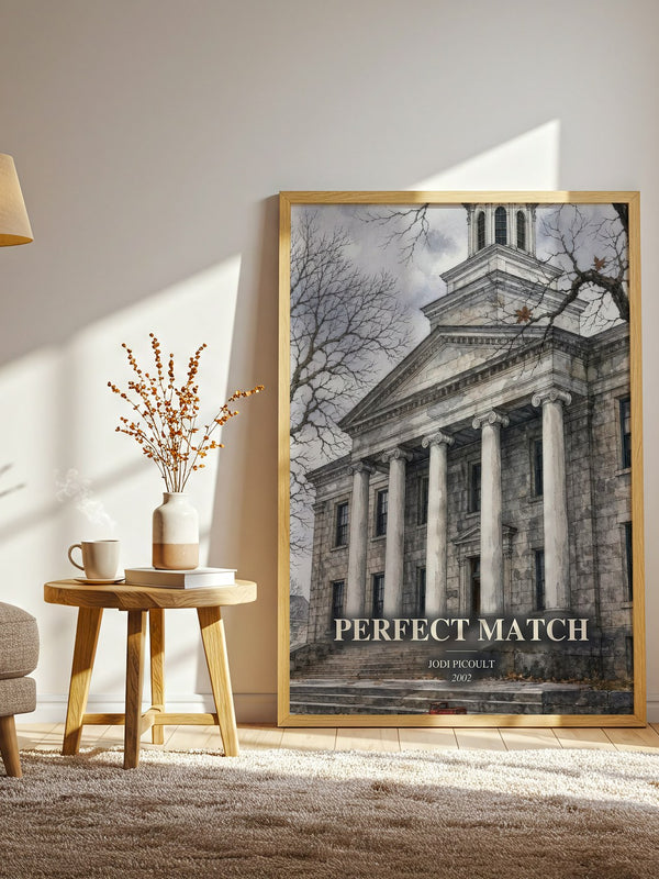 Perfect Match watercolour print in frame leaning in hallway – legal thriller wall art
