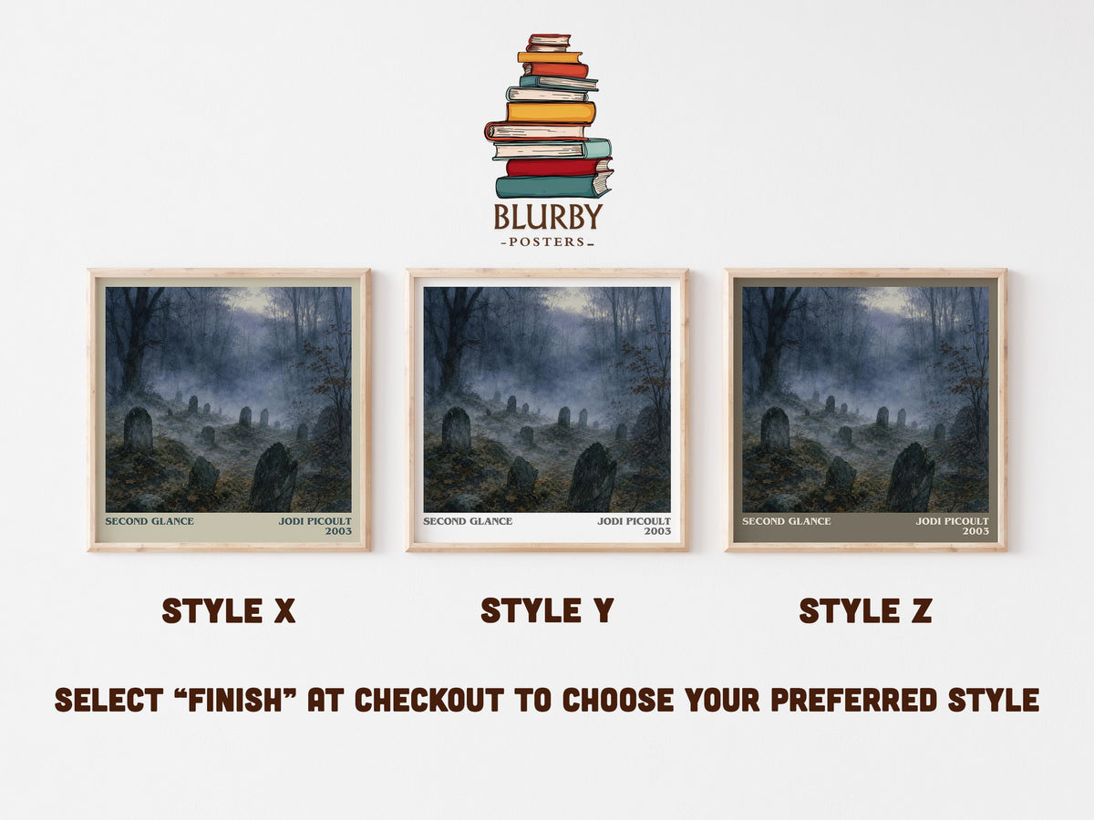 Second Glance literary print in frame leaning in hallway – contemporary fiction wall art (mockup)