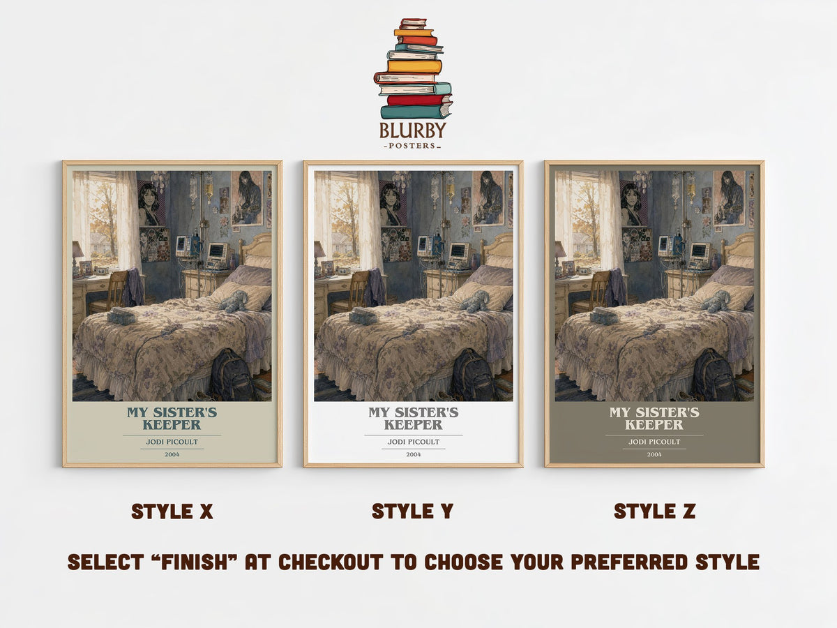 My Sister's Keeper book cover print in frame leaning in hallway – contemporary fiction wall art (mockup)