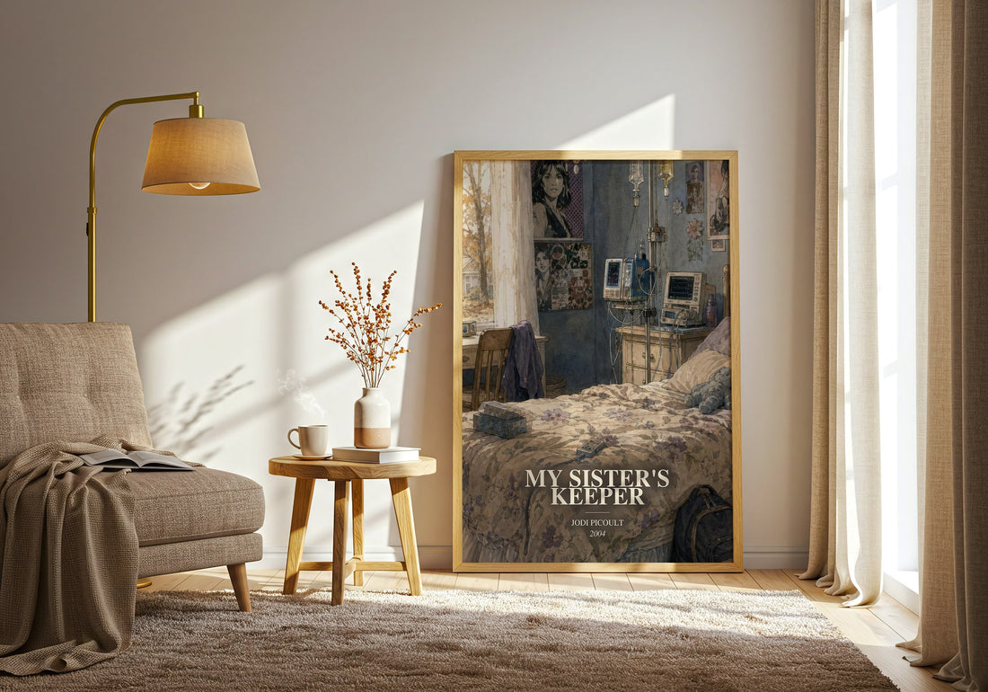 My Sister's Keeper watercolour print in frame leaning in hallway – contemporary fiction wall art (mockup)