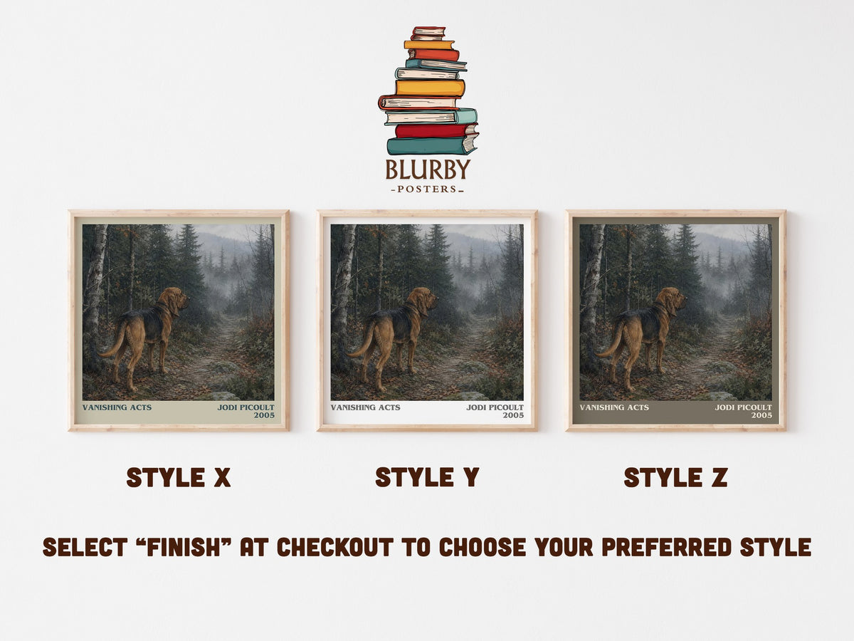 Vanishing Acts literary print in frame leaning in hallway – contemporary fiction wall art (mockup)