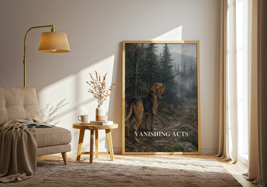 Vanishing Acts watercolour print in frame leaning in hallway – contemporary fiction wall art (mockup)