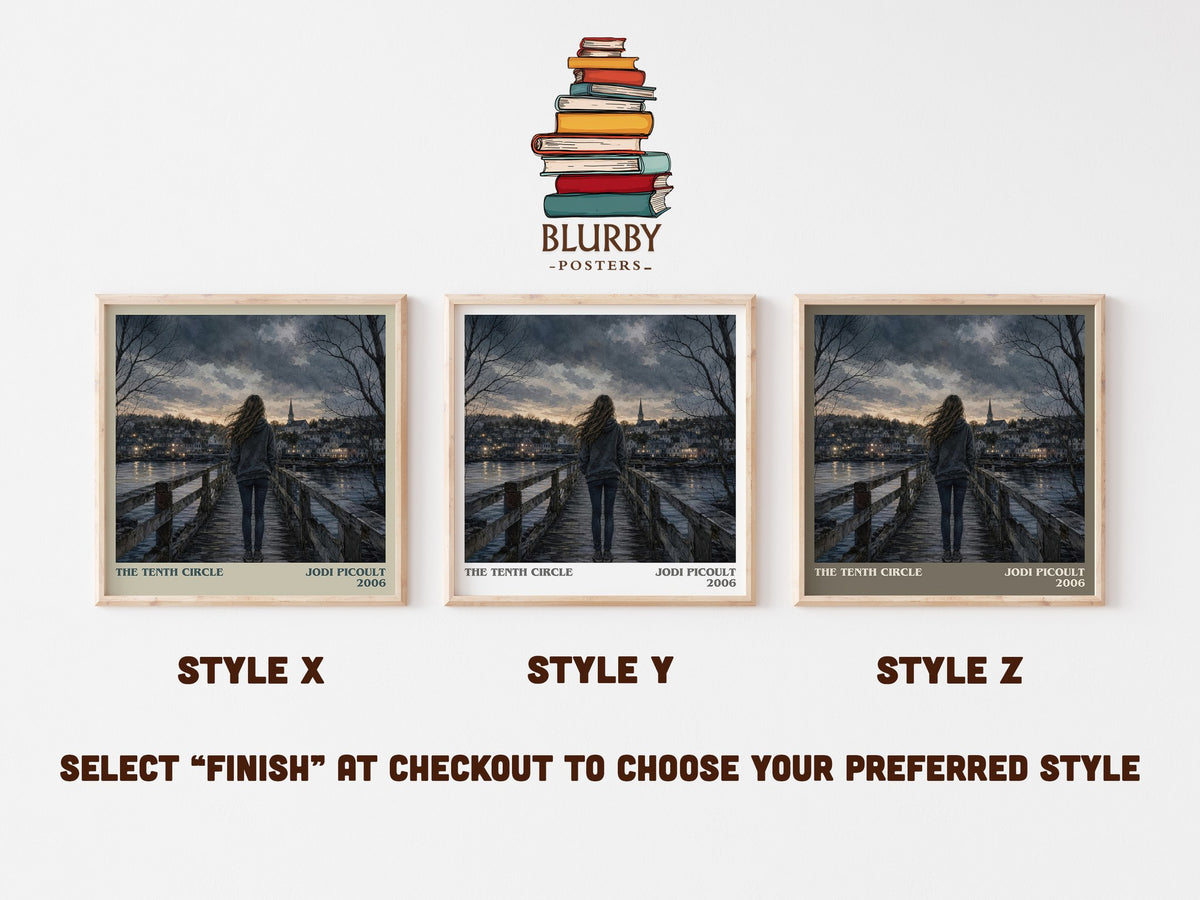 The Tenth Circle literary print in frame leaning in hallway – contemporary fiction wall art (mockup)