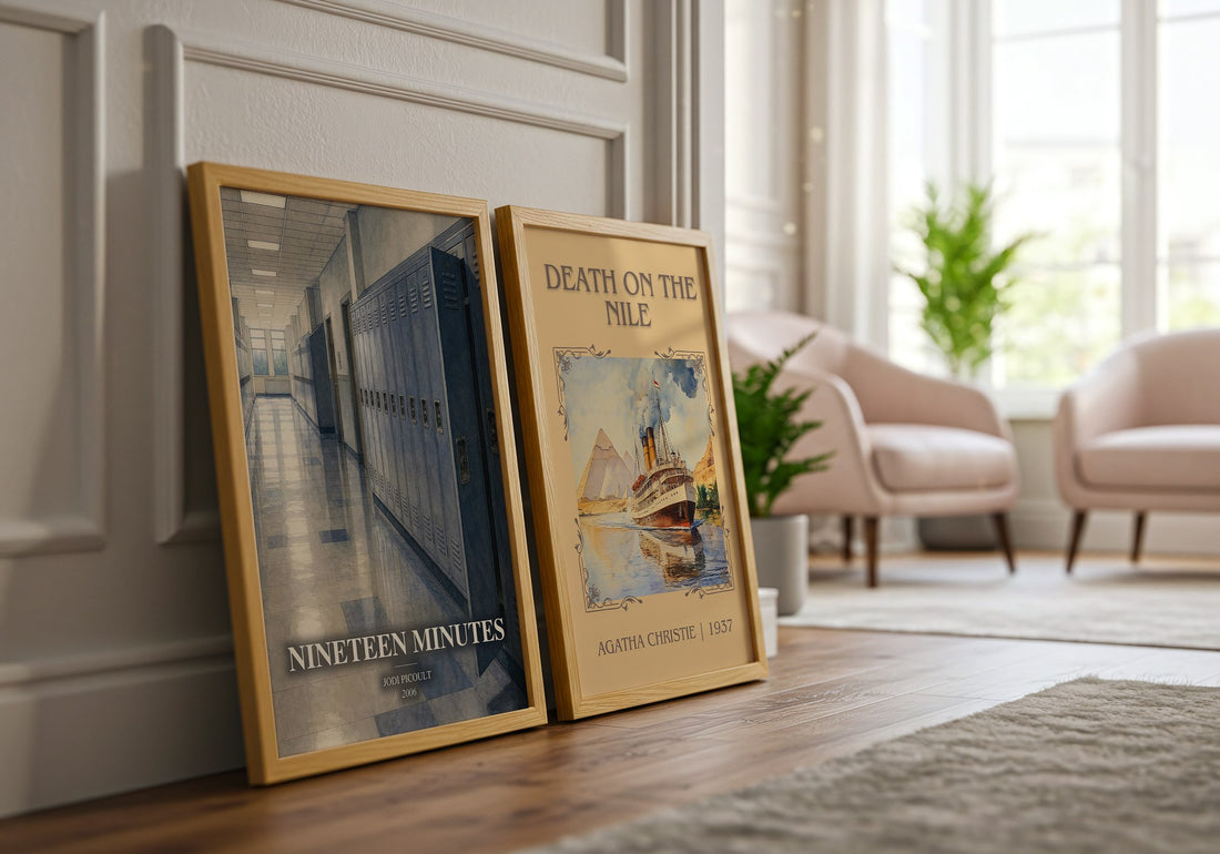 Nineteen Minutes watercolour print framed by window – literary home decor