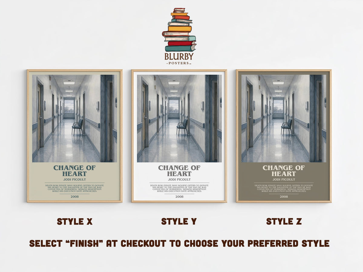 Change of Heart bookish print in frame leaning in hallway – contemporary fiction wall art (mockup)