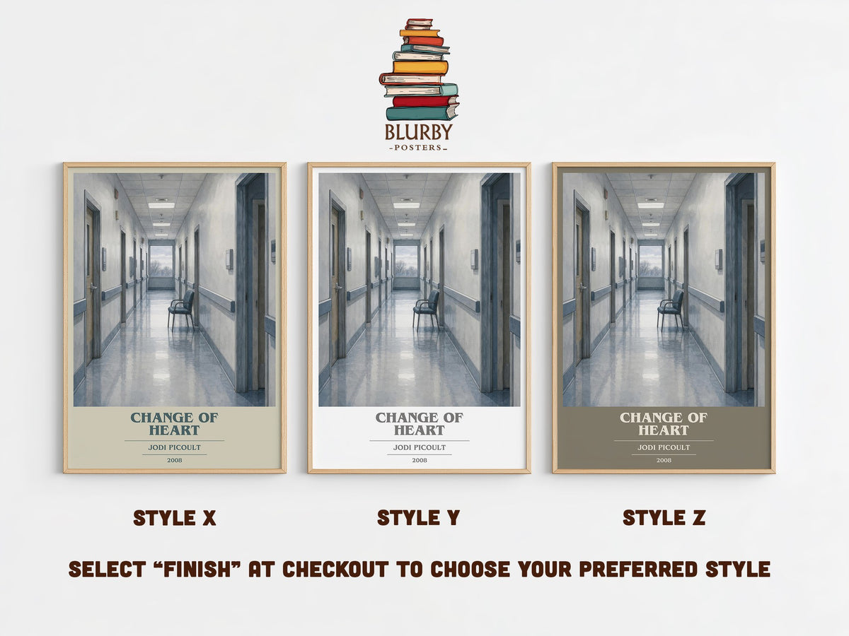 Change of Heart book cover print in frame leaning in hallway – contemporary fiction wall art (mockup)