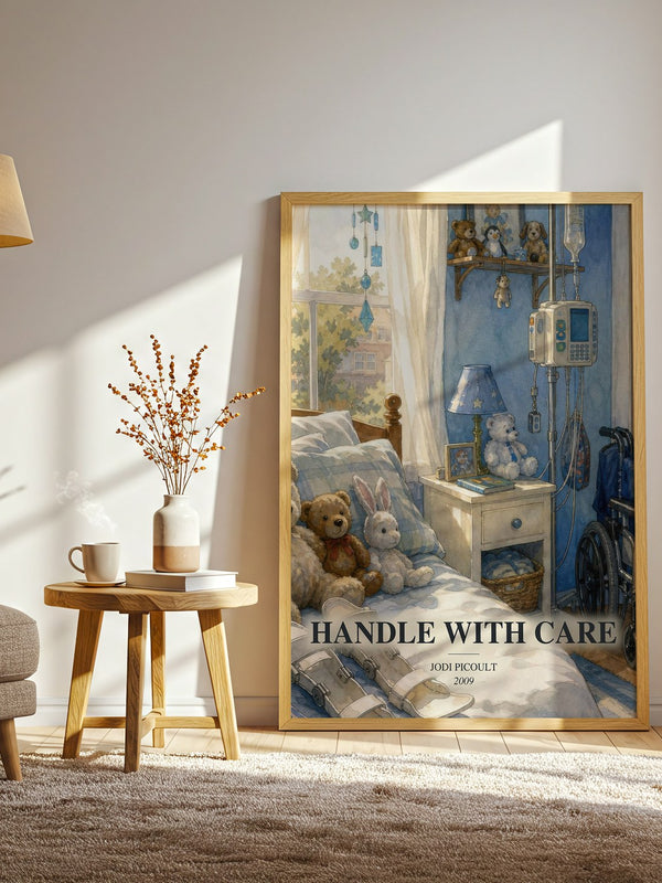 Handle with Care watercolour print in frame leaning in hallway – contemporary fiction wall art